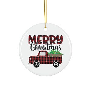 Ceramic Ornament, Christmas Tree Truck, Red Black Buffalo Plaid, Holiday Decoration, Farmhouse Ornament, Christmas Gift, Festive Decor,
