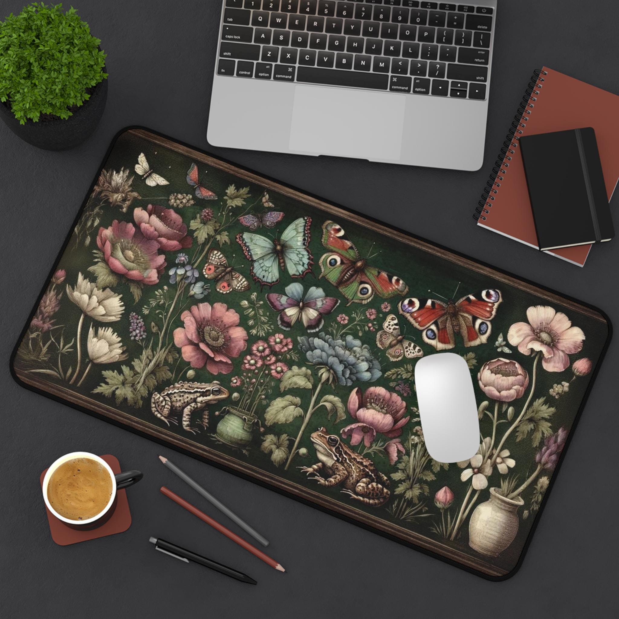 Cottagecore Desk Mat, Vintage Style Mouse Pad for Work or Study, Maroon Green Brown Tan White, Butterflies Frogs Moths Wildflowers, Floral