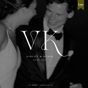 May include: A black and white graphic design featuring the large white serif letters VK, the names VIOLET & KEVIN, and the date 05.05.2027. The text is overlaid on a grainy, monochromatic photograph of two people in formal attire, with an Ezer Studio logo.