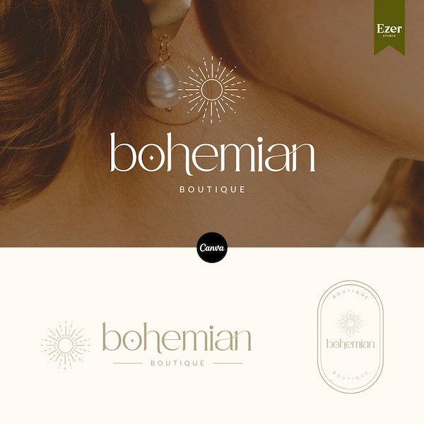 Plantilla de logotipo de boutique bohemia editable / Canva minimalista de sol de playa / Logotipo de boutique / Logotipo de moda / Logotipo de fotografía