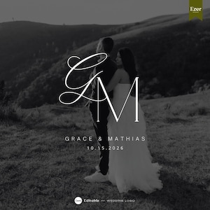 Puede incluir: Logotipo de boda en blanco y negro con las iniciales entrelazadas "GM", los nombres "Grace & Mathias" y la fecha "10.15.2026". El diseño presenta una pareja abrazándose, con un paisaje montañoso.