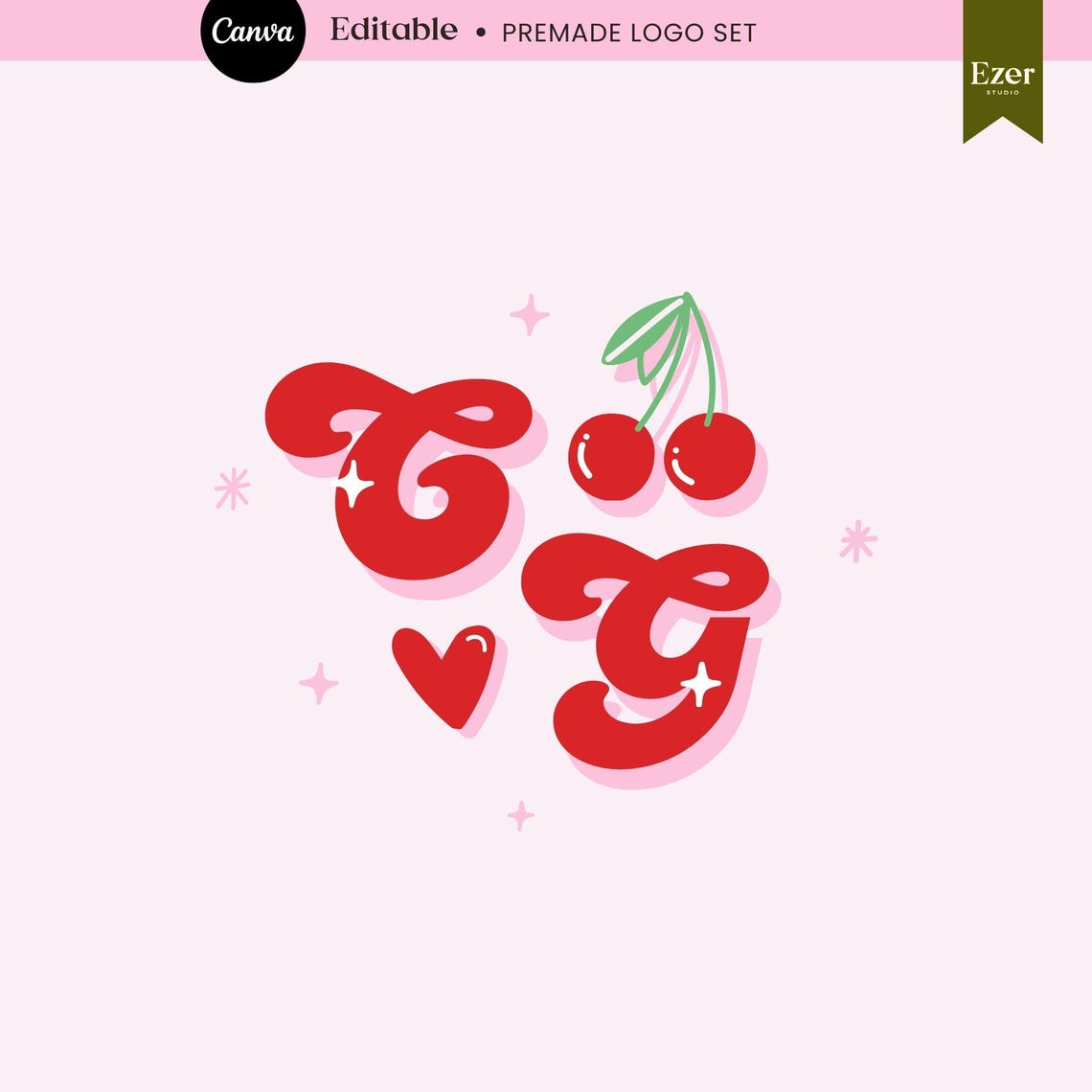 Canva Cherry Logo DIY Template | Editable Retro Logo Design | Pink ...