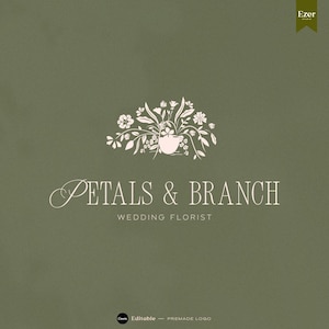 May include: A logo design for a wedding florist, featuring a floral arrangement in a pot with the text "Petals & Branch" and "Wedding Florist" in a serif font. The background is a muted green color.