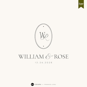 May include: Elegant wedding logo design featuring the initials "WR" inside an oval frame. Below, the names "WILLIAM & ROSE" are displayed in a stylish font, along with the date "12.26.2028". The design is set against a cream background.