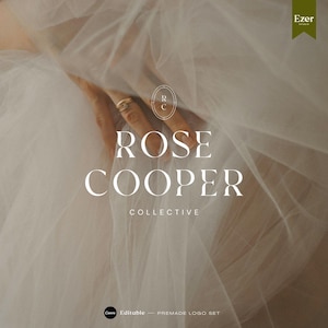 Puede incluir: Un diseño de logotipo elegante con el texto "Rose Cooper Collective" en una fuente serif. El diseño incluye una mano con un anillo, sobre un fondo de tela blanca fluida. El logotipo también incluye el texto "Ezer Studio".