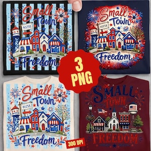Peut inclure: Quatre t-shirts avec des motifs graphiques patriotiques portant le texte Small Town Freedom et 40258. Les illustrations incluent des châteaux d'eau, des bâtiments, des feux d'artifice et des motifs floraux en rouge, blanc et bleu sur des t-shirts noirs, bleu marine, crème et bordeaux.