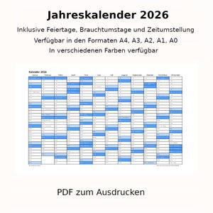 Jahreskalender 2026 mit Feiertagen (bundeseinheitlich + regional) | Brauchtumstagen | PDF | A4 A3 A2 A1 A0 Querformat | Deutsch