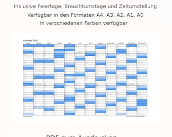 Jahreskalender 2026 mit Feiertagen (bundeseinheitlich + regional) | Brauchtumstagen | PDF | A4 A3 A2 A1 A0 Querformat | Deutsch