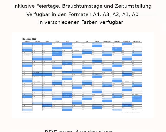 Jahreskalender 2026 mit Feiertagen (bundeseinheitlich + regional