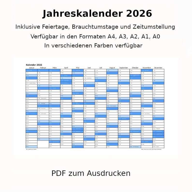 Jahreskalender 2026 mit Feiertagen (bundeseinheitlich + regional