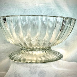 May include: A clear glass bowl with a fluted design. The bowl has a wide, shallow base and a tall, slender stem.