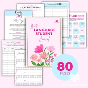 May include: An 80-page language learning journal with a pink and green floral design. The journal includes sections for vocabulary, pronunciation, writing, and challenges. The cover features the text "Ultimate Language Student Journal".