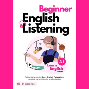 May include: A pink and white illustration of a woman with a microphone in a recording studio. The text "Beginner English Listening" is at the top of the image. The text "Learn English A1 with Rach" is at the bottom of the image.