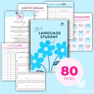 May include: A blue and pink printable journal with the title "Ultimate Language Student Journal" and a floral design. The journal has 80 pages and is designed to help language learners.