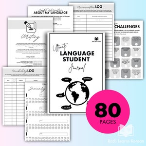 Könnte beinhalten: Ein schwarz-weißes, druckbares Sprachlernjournal mit 80 Seiten. Das Cover zeigt einen Globus mit Sprechblasen in verschiedenen Sprachen, darunter Englisch, Koreanisch, Spanisch und Japanisch. Der Titel "Ultimate Language Student Journal" ist in fetter, schwarzer Schrift geschrieben.
