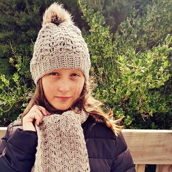 CROCHET PATTERN Queenstown Beanie and Scarf - Child to Adult - PDF Download