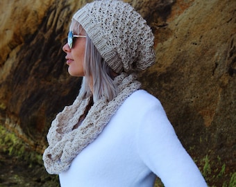 CROCHET PATTERN Knit-Look C2C Slouch Hat and Braided Cowl - Baby to Adult - PDF Download