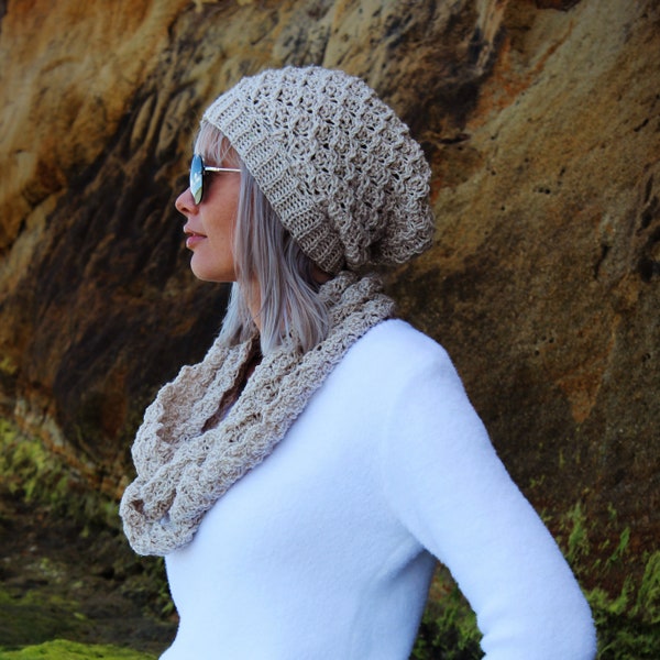 CROCHET PATTERN Knit-Look C2C Slouch Hat and Braided Cowl - Baby to Adult - PDF Download