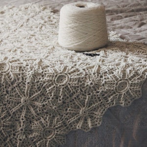 Puede incluir: Una manta de crochet blanca con un delicado patr&oacute;n floral. La manta est&aacute; hecha con un hilo suave y ligero y tiene un sutil efecto degradado.