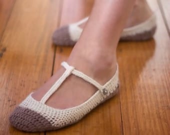 CROCHET PATTERN Skimmer T-Strap Ballet Flats Slippers - Ladies Sizes - PDF Download