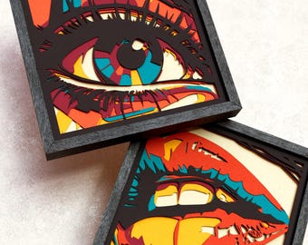 Eye and Lips Shadow Box SVG Bundle | 2 Pop Art Cricut & Laser Cut Files | 6 Layer 3D Papercut Wall Art