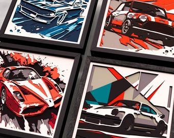 Car Shadow Box SVG Bundle for Cricut and Laser | Layered 3D Classic Car Papercut | Mustang Porsche Ferrari Mini Cooper Wall Art