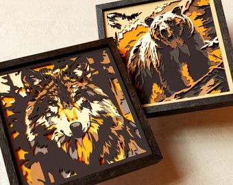 Bear and Wolf Shadow Box SVG Bundle | 2 Wildlife Cricut Cut Files | 8 Layer Forest Animal Papercut Wall Art