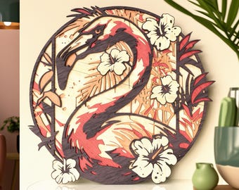 Multilayer Flamingo SVG, 6-Layer Laser Cut File, Layered Plywood Tropical Wall Art, 3D Mandala