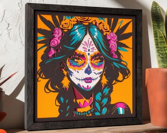 Day of the Dead Shadow Box SVG | Sugar Skull Girl Cricut Cut File | 8 Layer Mexican Papercut Wall Art