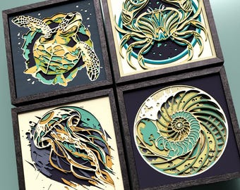 Ocean Shadow Box SVG Bundle for Cricut and Laser | Nautilus Jellyfish Crab Turtle | Layered 3D Papercut | Sea Life Wall Art