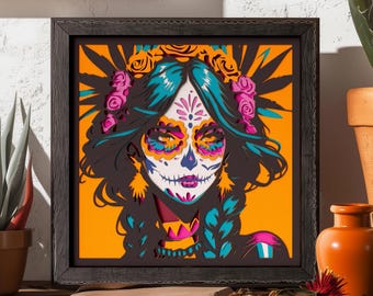 Op de afbeelding: Een vierkant ingelijst meerlaags papierkunstwerk met een gestileerd portret van een persoon met sugar skull-gezichtsbeschildering. Het ontwerp gebruikt levendige oranje, turquoise, roze en zwarte lagen om diepte te creëren.