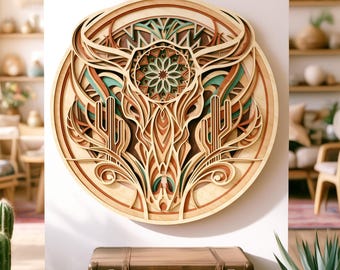 Cow Skull Laser Cut File | Western Boho Multilayer SVG | 3D Bison Layered Plywood Wall Art| Glowforge xTool LightBurn | Buffalo Wood Design
