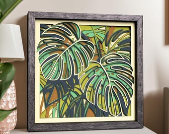 Monstera Shadow Box SVG for Cricut and Laser | Layered 3D Floral Papercut | Multi Layer Glowforge Project | Laser Cut Template Paper Art