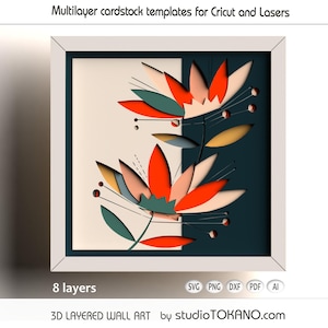 May include: A framed 3D layered wall art piece with a floral design. The artwork uses layered cardstock with orange, teal, and cream-coloured petals. The frame is white, and the piece is labelled "8 layers". The text "Multilayer cardstock templates for Cricut and Lasers" is at the top.