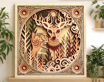Folk Art Deer Laser Cut File - Layered Winter Wonderland SVG - Multi layer Woodland Wood Wall Art Design