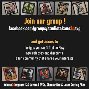 May include: A collection of ten square framed 3D layered art pieces featuring various pop culture characters and scenes. The text reads: Join our group! facebook.com/groups/studiotokano3dsvg and get acces to designs you won't find on Etsy.