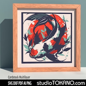 SVG em camadas 3D | Arquivo de corte em papel cartão para arte de parede de mandala multicamadas | Caixa de sombra recortada em papel "Koi japonesa" para Cricut, Silhouette e Laser