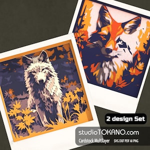 Ensemble SVG calque 3D ! Boîte d'ombre multicouche Loup des bois + Renard. Papier cartonné de taille standard, modèle Papercut en couches pour Cricut, CNC, laser