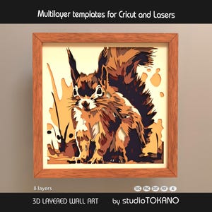 Puede incluir: Una obra de arte mural 3D en capas enmarcada con un diseño de ardilla. La obra de arte está hecha con múltiples capas en tonos de marrón, beige y crema. El marco es de color marrón claro. El texto "Multilayer templates for Cricut and Lasers" está en la parte superior.
