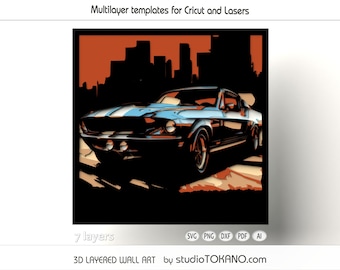 SVG 3D en capas compatible con CRICUT. SVG multicapa de Mustang Shelby, mandala de cartulina, caja de sombras Papercut para Silhouette, Glowforge y CNC.