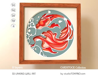 3D Layered Koi Fish Multilayer Cricut Svg Cardstock mandala, Papercut shadowbox for Silhouette, Glowforge, xtool laser cut file DIY wall art