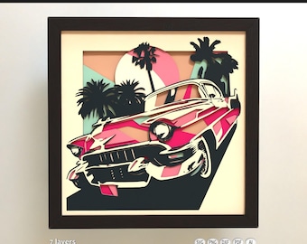 SVG láser de coche clásico para Cricut / Cadillac con caja de sombra 3D / Plantilla de corte de papel de coche antiguo / Diseño de mandala en capas / Archivo de arte mural multicapa