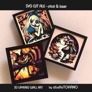 Alice Shadow Box SVG-paket | 3D-lagers pappersklipp i underlandet | Cricut- och laserskurna filer | Flerlagerskartongväggkonst