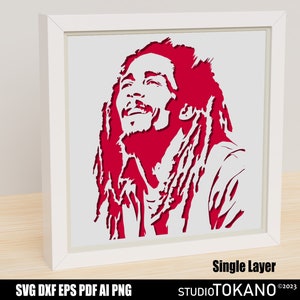 Enkellaags lasergesneden, stencil SVG, Bob Marley shadowbox voor Glowforge, Silhouette, Cricut. Snijbestanden voor multiplex- en kartonkunst
