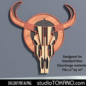 3D svg for layered wooden plywood art, cow buffalo skull laser cut. Fits standard sheets for Glowforge Aura and Plus. Wood mandala wall deco