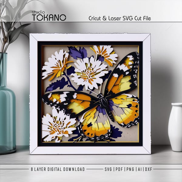 Butterfly Shadow Box SVG for Cricut and Laser | Layered 3D Floral Papercut | Multilayer Glowforge Project | Laser Cut Template Paper Art