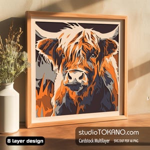 Couche 3D SVG pour CRICUT ! Boîte d'ombres multicouche vache Highland. Papier cartonné de taille standard, modèle de découpe de papier en couches pour Silhouette, CNC, laser