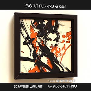 Samurai Geisha Shadow Box SVG | 4-lagers 3D-pappersklipp | Cricut- och laserskuren fil | Flerlagerskartongväggkonst