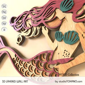 Sirena a strati 3D in formato SVG, file di taglio laser di una sirena, file di taglio di un'opera d'arte in compensato di sirena, silhouette di mandala di sirena in legno per Glowforge, digitale