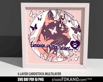 May include: A 6-layer cardstock multilayer papercraft design featuring a cat silhouette with flowers and butterflies. The design includes the text "Forever in my heart" and a paw print heart. The design is available in SVG, DXF, PDF, AI, and PNG formats.